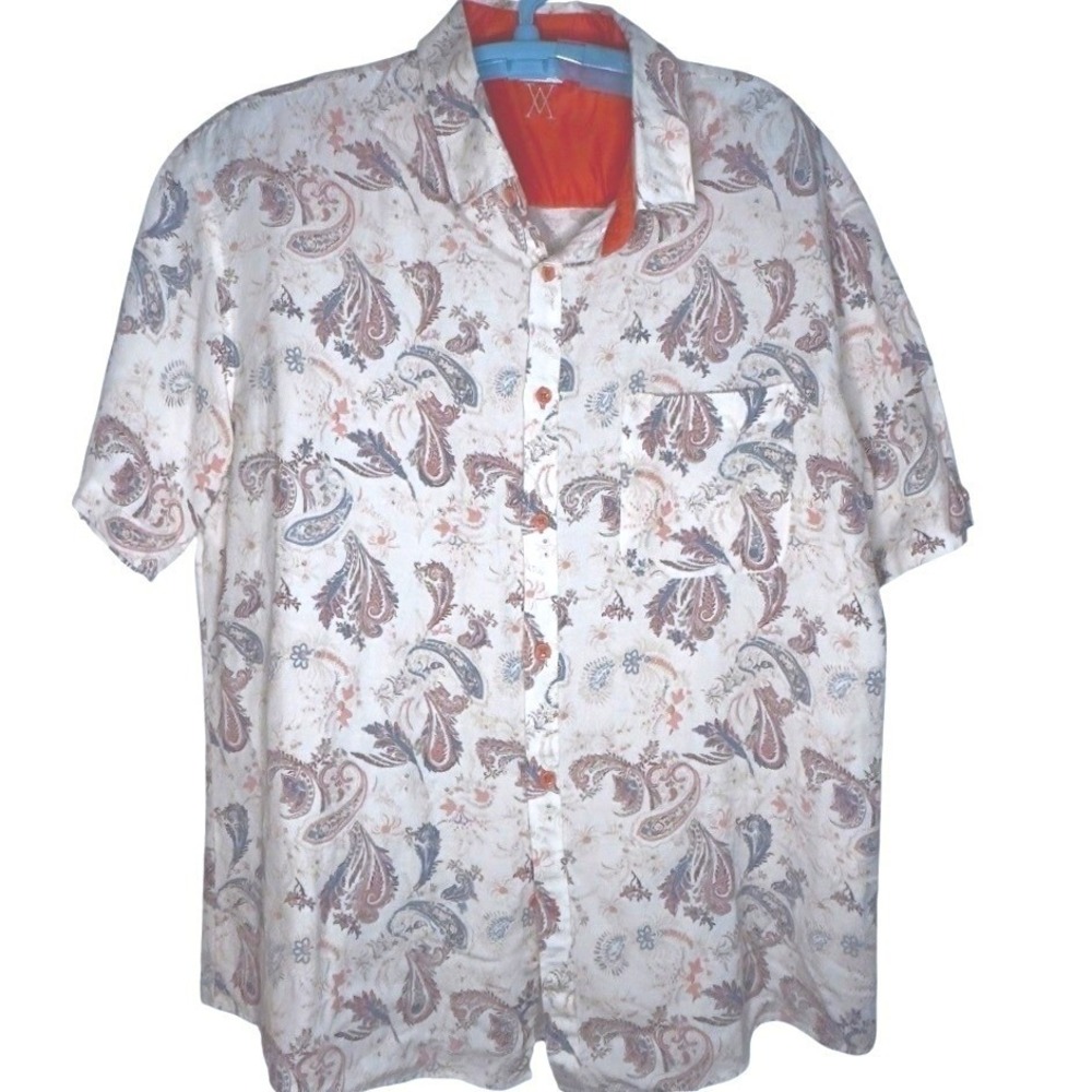 Amiani Paisley Button Up Shirt Men Cream Linen Coral Blue Art Deco Resortwear XL